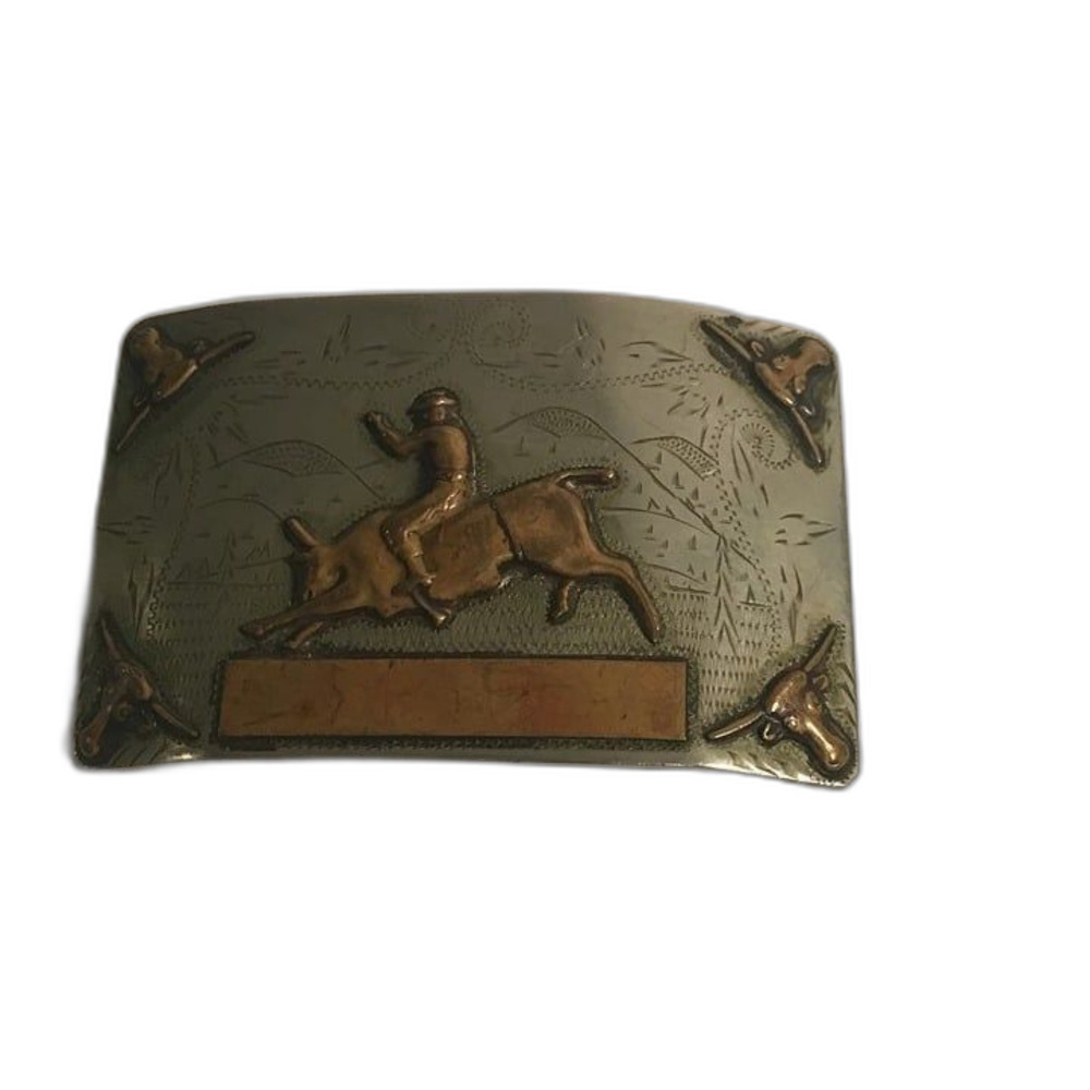 Vintage Ricardo Nickel Silver Bull Rider Belt Buckle - Bronze Trim Rodeo Bar